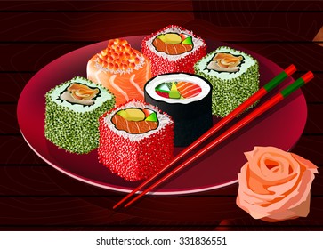 Sushi rolls with caviar, red fish and squid on the plate, with ginger and chopsticks. Vector illustration. All items are on separate layers