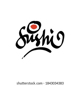 Sushi and rolls with chopstick bar or restaurant vector logo template. Japanese or chinese traditional cuisine, tasty food icon. Abstract black and red color for asian emblem.