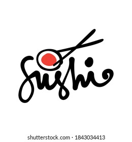 Sushi and rolls with chopstick bar or restaurant vector logo template. Japanese or chinese traditional cuisine, tasty food icon. Abstract black and red color for asian emblem.