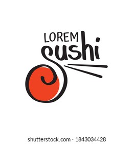 Sushi and rolls with chopstick bar or restaurant vector logo template. Japanese or chinese traditional cuisine, tasty food icon. Abstract black and red color for asian emblem.