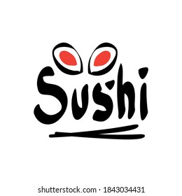 Sushi and rolls with chopstick bar or restaurant vector logo template. Japanese or chinese traditional cuisine, tasty food icon. Abstract black and red color for asian emblem.