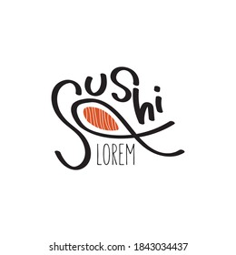 Sushi and rolls with chopstick bar or restaurant vector logo template. Japanese or chinese traditional cuisine, tasty food icon. Abstract black and red color for asian emblem.