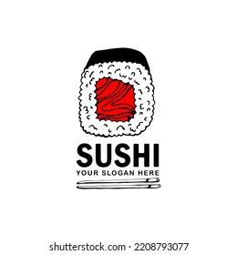Sushi and rolls with chopstick bar or restaurant vector logo template. 