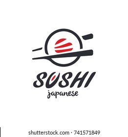 Sushi and rolls with chopstick bar or restaurant vector logo template. Japanese or chinese traditional cuisine, tasty food icon. Abstract black and red color for asian sushi bar emblem.