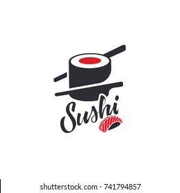 Sushi and rolls with chopstick bar or restaurant vector logo template. Japanese or chinese traditional cuisine, tasty food icon. Abstract black and red color for asian emblem