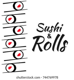 sushi and rolls with chopsticks, abstract white background with logo text Japanese food labels. vector illustration. Template for Asian restaurant, cafe, delivery or your business works.