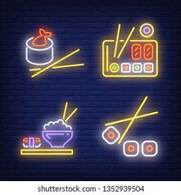 Sushi rolls and chopsticks neon signs set. Food, restaurant, Japanese cuisine design. Night bright neon sign, colorful billboard, light banner. Vector illustration in neon style.