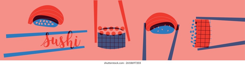 Sushi and rolls collection. Decorative abstract horizontal banner with colorful doodles. Hand-drawn modern illustrations with sushi and rolls abstract elements. Asian cuisine	