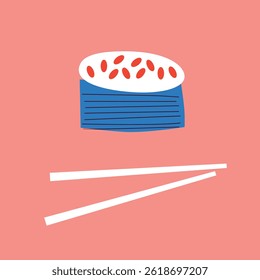 Sushi and rolls collection. Decorative abstract horizontal banner with colorful doodles. Hand-drawn modern illustrations with sushi and rolls abstract elements. Asian cuisine	