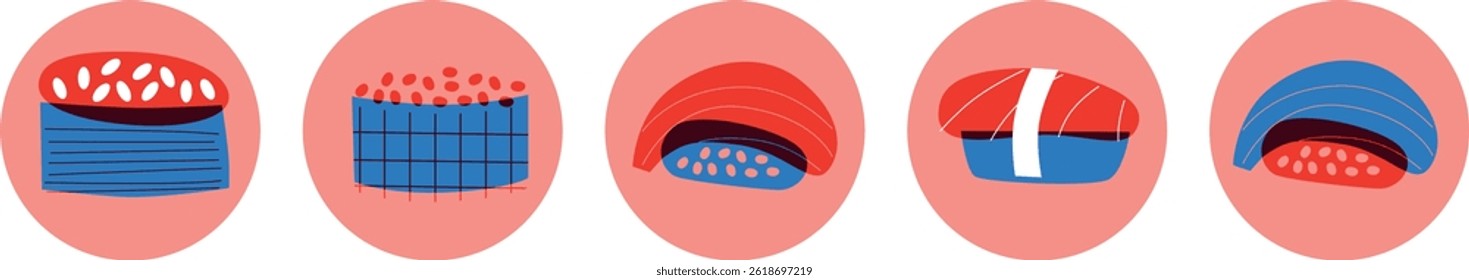 Sushi and rolls collection. Decorative abstract horizontal banner with colorful doodles. Hand-drawn modern illustrations with sushi and rolls abstract elements. Asian cuisine	