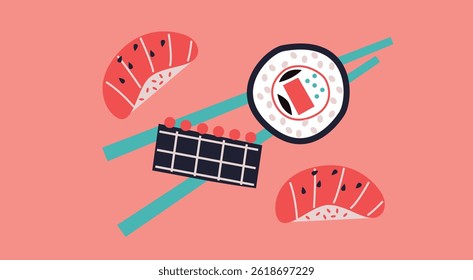 Sushi and rolls collection. Decorative abstract horizontal banner with colorful doodles. Hand-drawn modern illustrations with sushi and rolls abstract elements. Asian cuisine	