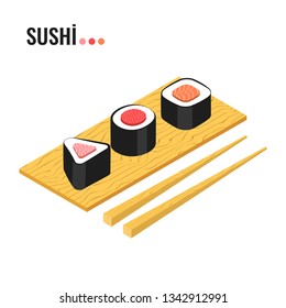 Sushi rolls collection. Isometric vector illustration.