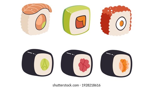Sushi rolls collection . Set of various asian meals . Fish, rice, seaweed traditional Japanese food cartoon clipart.