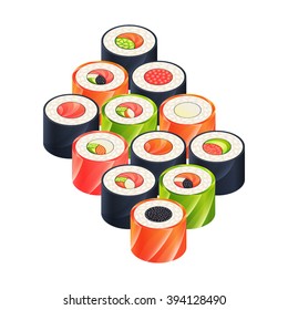Sushi rolls colorful isometric illustration isolated on white background.