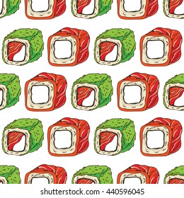 Sushi and rolls colorful seamless pattern background image