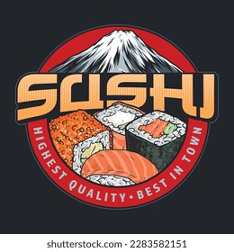 Sushi rolls colorful vintage sticker with snack of maki near Mount Fuji for restaurant of national Japanese cuisine vector illustration