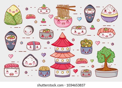 Sushi and rolls cute kawaii cartoons