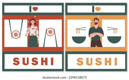 Sushi rolls delivery concept. Man and woman in catering service and cafe. Asian food and cuisine. Restaurant of japanese eating. Cartoon flat vector illustration isolated on white background