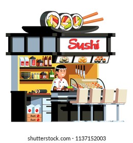 Sushi rolls dish & chopsticks decorated Japanese express sushi restaurant. Welcoming Asian chef cook standing at counter serving ready order. Japan fast food restaurant. Flat vector illustration