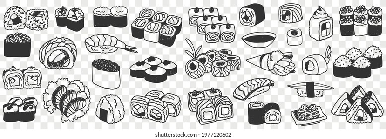 Sushi and rolls doodle set. Collection of hand drawn various japanese sushi seafood rolls for tasty dinner traditional asian culture in rows isolated on transparent background 