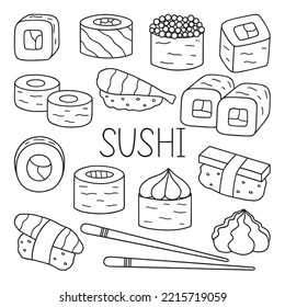 Sushi and rolls doodle set. Japanese food in sketch style. Hand drawn vector illustration isolated on white background