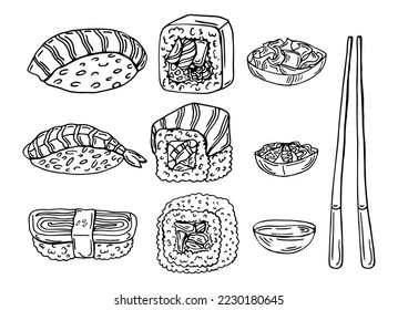 Juego de doodles de sushi y rollos. La comida japonesa en forma de boceto. Ilustración vectorial dibujada a mano aislada en fondo blanco