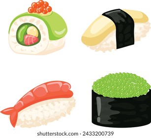 Sushi Rolls Elements Comida, salmón, langostino, aguacate, queso crema. Menú de sushi. Comida japonesa aislada en blanco Vector Ilustración