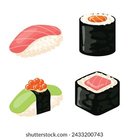 Sushi Rolls Elements Essen, Lachs, Garnelen, Avocado, Frischkäse. Sushi-Menü. Japanisches Essen isoliert auf weißer Vektor-Illustration