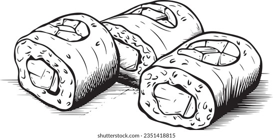 Sushi rolls engraving style, Basic simple Minimalist vector SVG logo graphic, isolated on white background, children's coloring page, outline art, thick crisp lines, black and whit
