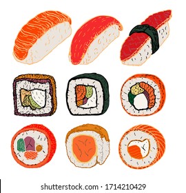 Sushi Rolls Flat Food And Japanese Seafood Sushi Rolls. Sushi Rolls Traditional Seaweed Fresh Raw Food. Asian Cuisine Restaurant Delicious. Set Of Sushi Roll. 