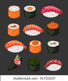 Sushi rolls flat food and japanese seafood sushi rolls. Sushi rolls traditional seaweed fresh raw food. Asia cuisine restaurant delicious. Sushi roll with salmon, smoked eel, selective food vector.