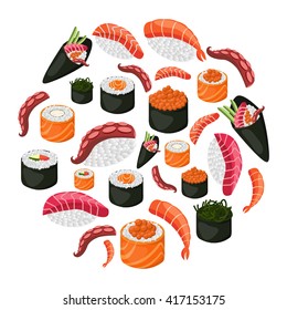 Sushi rolls flat food and japanese seafood sushi rolls. Sushi rolls traditional seaweed fresh raw food. Asia cuisine restaurant delicious. Sushi roll with salmon, smoked eel, selective food vector.