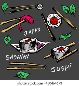 Sushi rolls flat food and Japanese seafood sushi rolls. Sushi rolls traditional seaweed fresh raw food. Asia cuisine restaurant delicious. Sushi roll with salmon, smoked eel, selective food vector.