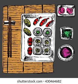 Sushi rolls flat food and Japanese seafood sushi rolls. Sushi rolls traditional seaweed fresh raw food. Asia cuisine restaurant delicious. Sushi roll with salmon, smoked eel, selective food vector.