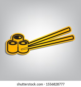 Sushi Rolls. Flat orange icon with overlapping linear black icon with gray shadow at whitish background. Illustration.
