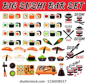 Sushi rolls food japanese. Asian sushi. Sushi bar,restaurant,accessories. Cafe logo. Modern flat cartoon vector illustration on white. California,filadelfia,maki,nigiri,temaki,uramaki. sushi and roll