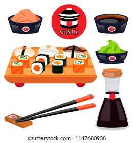 Sushi rolls food japanese. Asian sushi. Sushi bar,restaurant,accessories. Modern flat cartoon vector on white. California,philadelphia,chopsticks,soy,wasabi,gari,logo,table,plate. Sushi set.