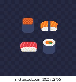 Sushi and rolls food pixel art icon japanese cuisine isolated vector flat illustration element design for menu, stickers, logo, mobile app. Video game assets 8-bit sprite.