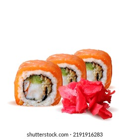 Sushi rolls with ginger low poly. Fresh, nutritious, tasty sushi rolls. Vector illustration. Appetizer with fish in triangulation technique.