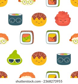 sushi, rolls, ginger and wasabi seamless pattern in kawaii style, flat vector illustration with funny sushi character