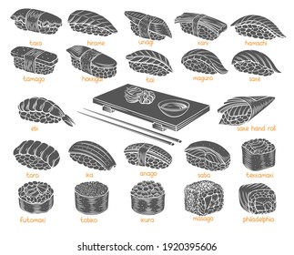 Sushi rolls glyph set. Monochrome isolated Japanese food for sushi rolls shop bar menu, banner, flyer, card and etc. Vector illustration.