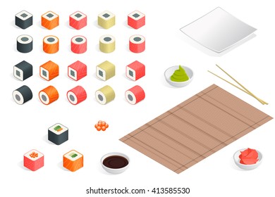 Sushi rolls Great se. Japanese seafood. Flat 3d isometric illustration. For infographics and design 