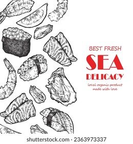 Sushi and rolls, hand drawing. Asian dishes of fresh fish and rice. High quality delicacies for your health. Illustration for a menu in a restaurant or cafe.