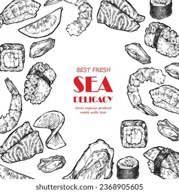 Sushi and rolls, hand drawing. Asian dishes of fresh fish and rice. High quality delicacies for your health. Illustration for a menu in a restaurant or cafe.