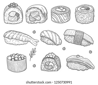 Sushi Rolls Hand Drawing Fresh Fish Stock Vector (Royalty Free ...