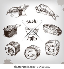 Sushi And Rolls, Hand Drawing  Fresh Fish And Rice. Soy Sauce With Sticks.