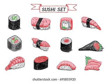 Sushi and rolls hand drawn color illustration. Set of sketches Japanese food for menu of asian restaurant, brochures, flyers, posters, web sites. Tamago, tekka maki, ebi, unagi, sake, cucumber roll.
