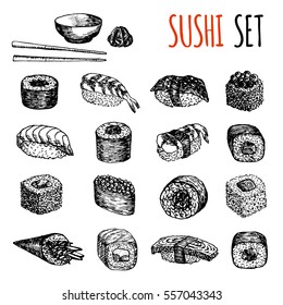 Sushi and rolls hand drawn illustration. Set of sketches Japanese food for menu of asian restaurant, brochures, flyers, posters, web sites