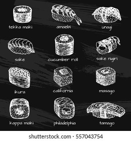 Sushi and rolls hand drawn illustration. Set of sketches Japanese food for menu of asian restaurant, brochures, flyers, posters, web sites