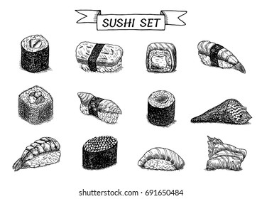 Sushi Rolls Hand Drawn Illustration Set Stock Vector Royalty Free Shutterstock